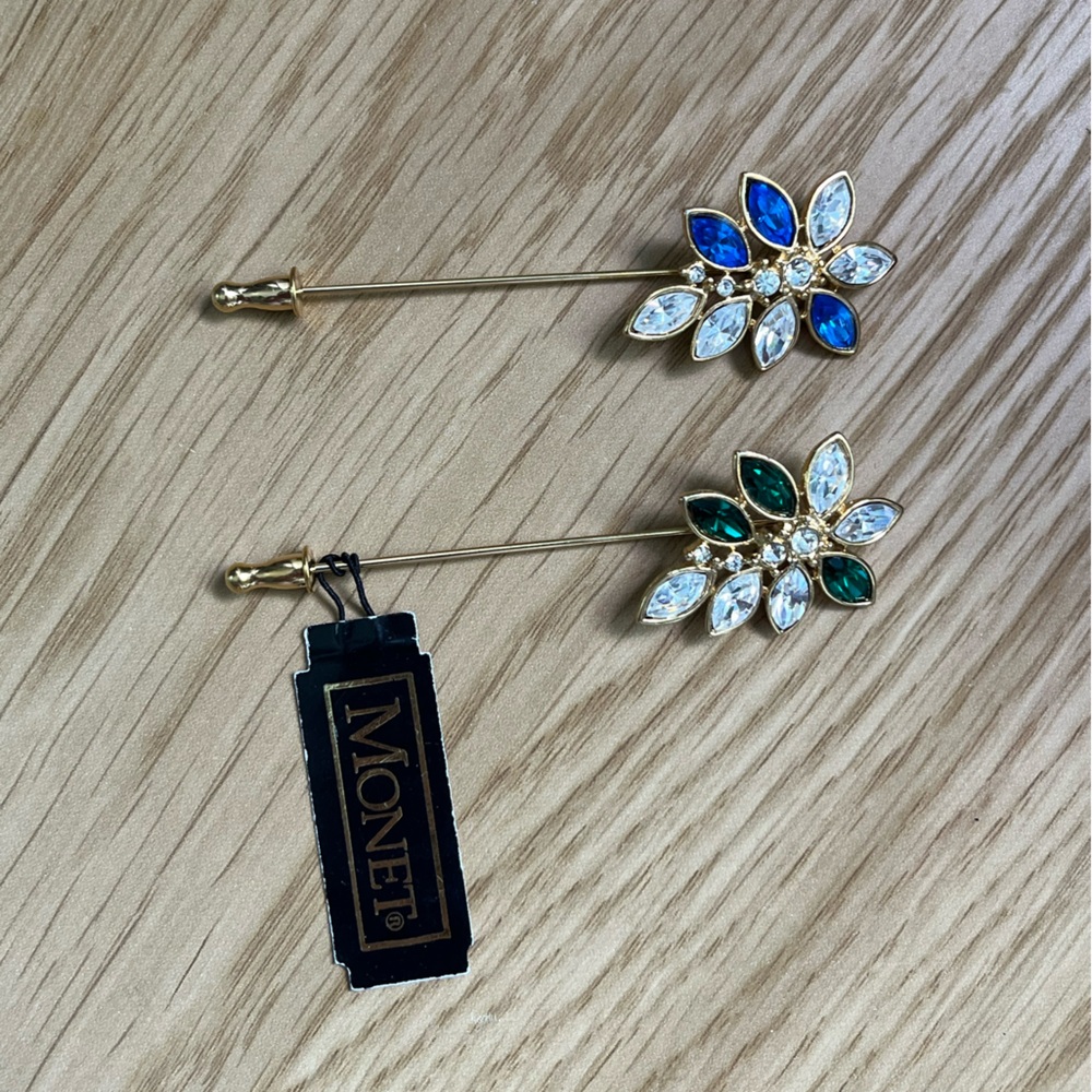 Vintage SIGNED Monet Green and Blue Floral Brooches